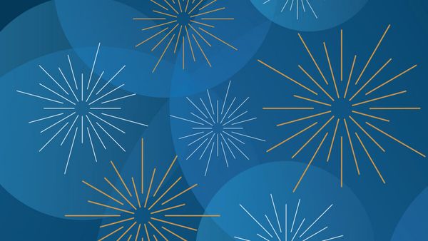 Abstract white and gold starburst shapes over a blue background