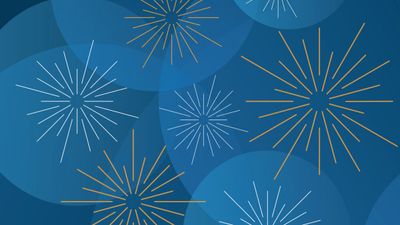 Abstract white and gold starburst shapes over a blue background
