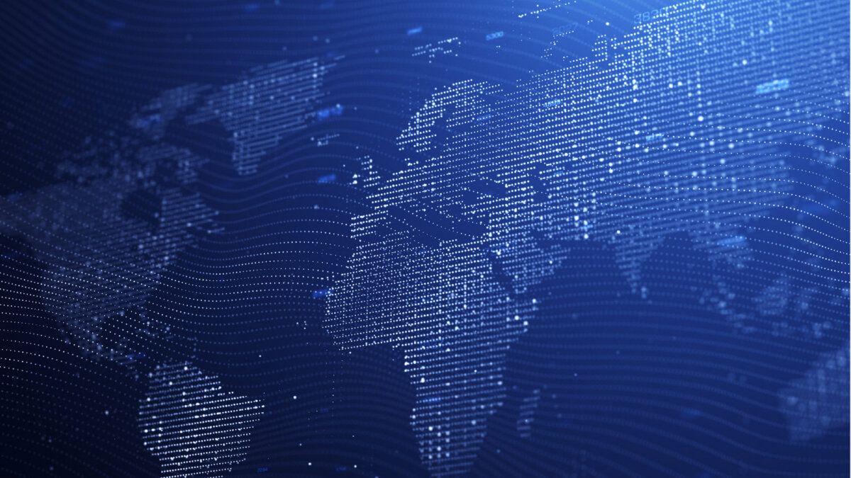 World map illustration of glowing dots and lines forming a digital network