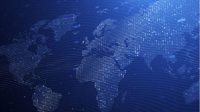 World map illustration of glowing dots and lines forming a digital network